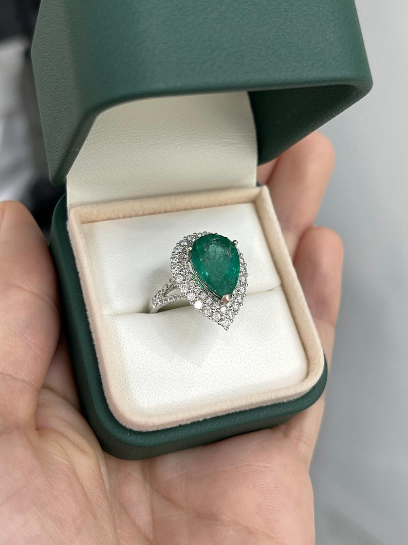 8.70tcw Pear Cut Emerald & Double Diamond Halo Engagement Ring in 18K Gold