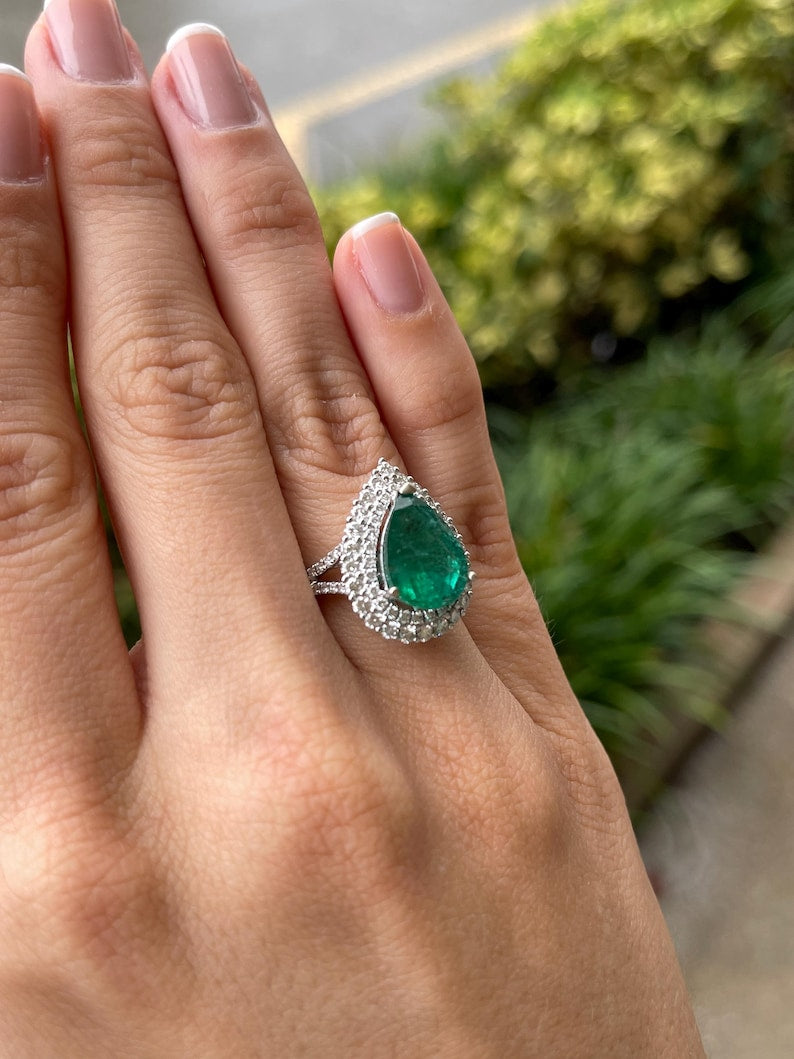 Beautiful Pear Cut Emerald Engagement Ring with Double Diamond Halo in 18K Gold, 8.70tcw