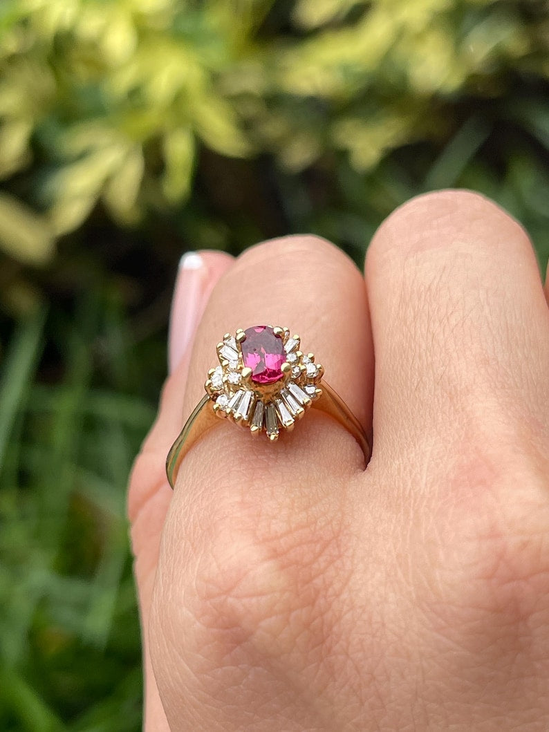 14K Gold Ballerina Ring Showcasing 1.42tcw of Rubellite Tourmaline and Sparkling Diamonds