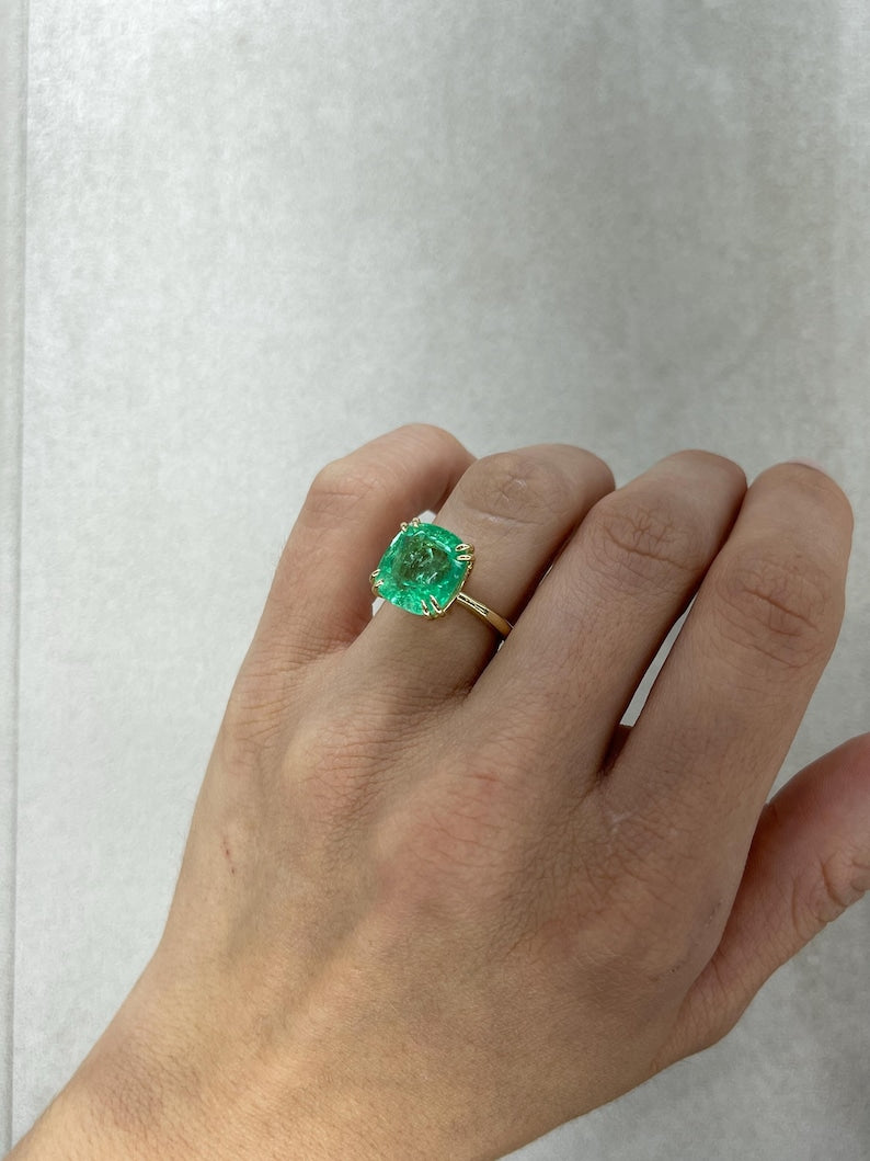 7.14ct 14K Cushion Cut Colombian Emerald Solitaire Ring for 25th Anniversary