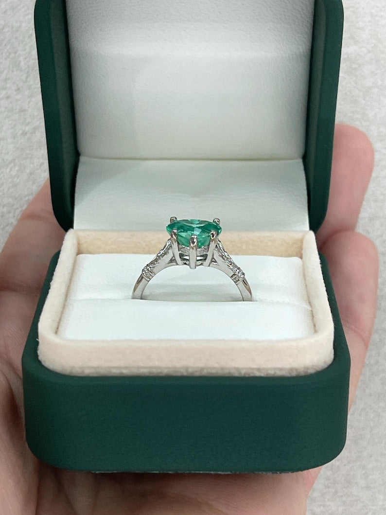 2.03ct Vivid Mint Green Heart Cut Colombian Emerald Solitaire Floral Set Ring