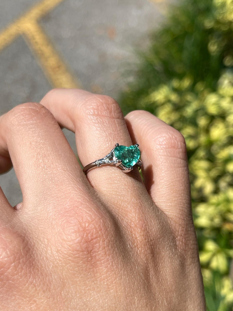 Exquisite 2.03ct Heart-Shaped Colombian Emerald in a Vibrant Mint Green Floral Ring