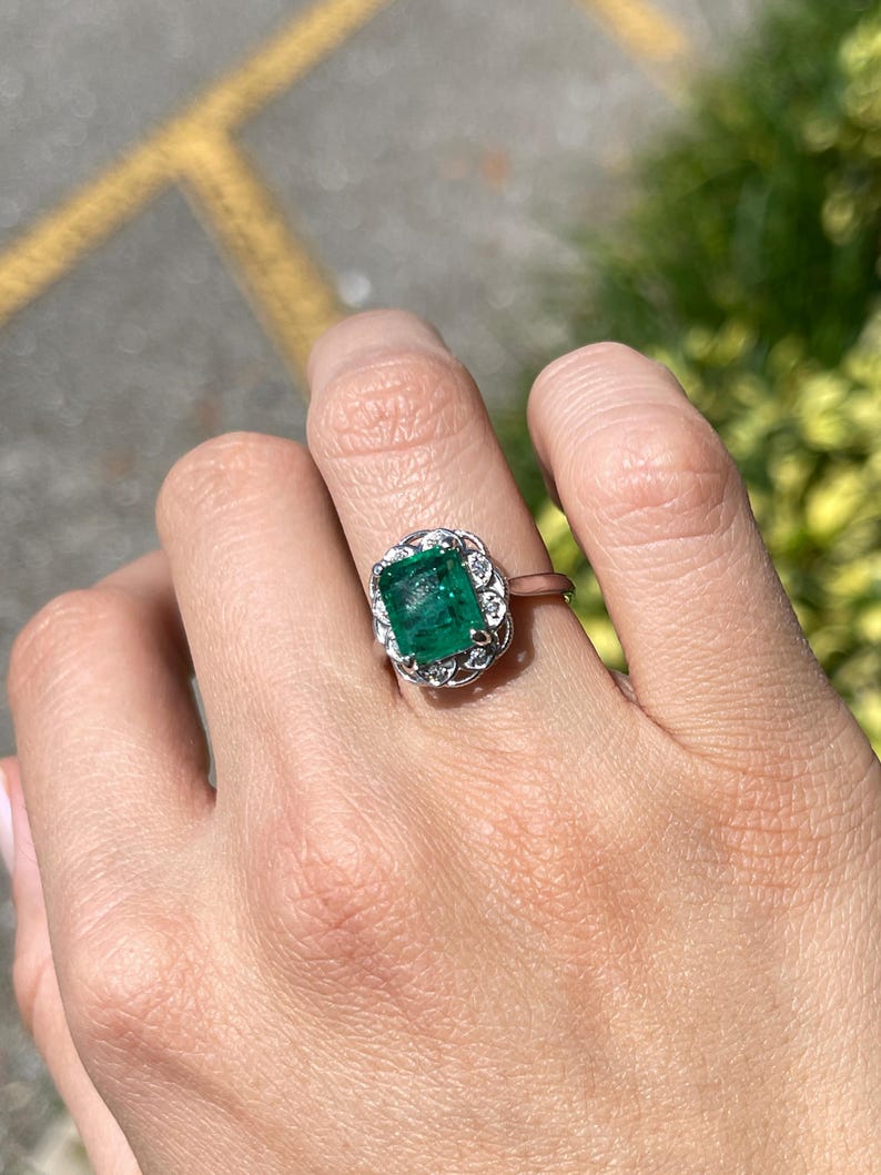 14K White Gold Floral Design Engagement Ring with 3.60tcw of Green Emerald and Diamonds