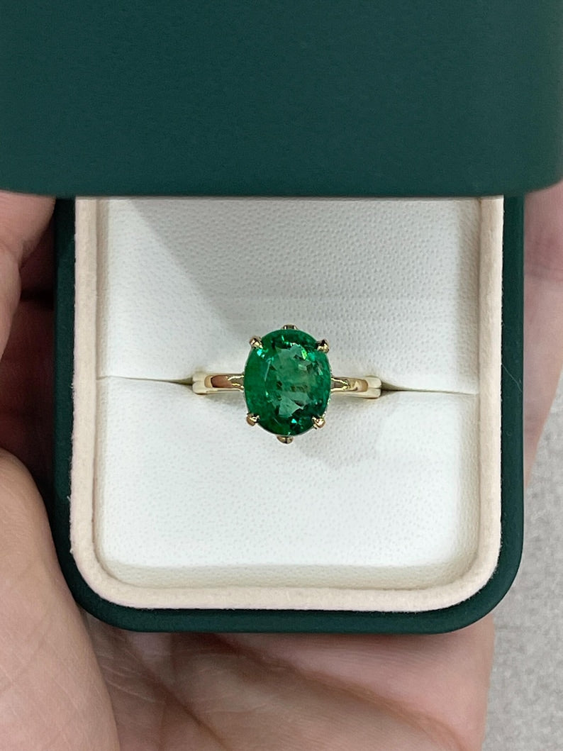 14K Gold 3.93ct Dark Green Oval Emerald Ring with Beautiful Scrollwork Detail