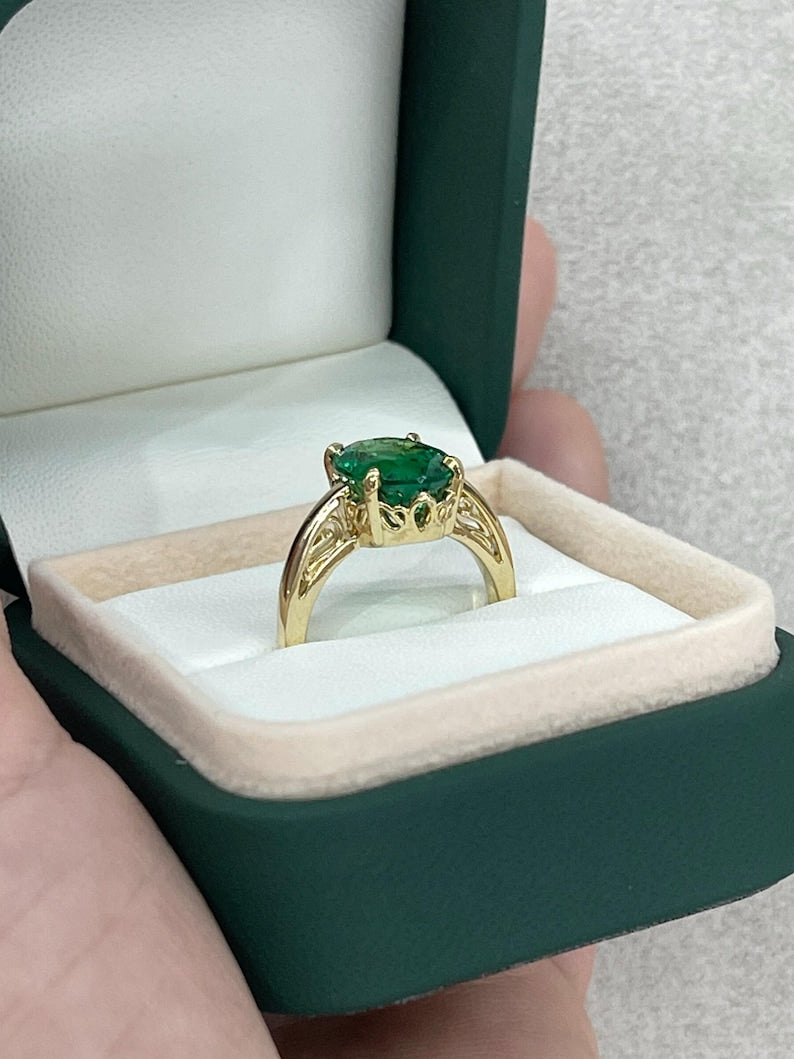 3.93ct 14K Dark Green Oval Emerald Ring with Scroll Detail, 585 Gold