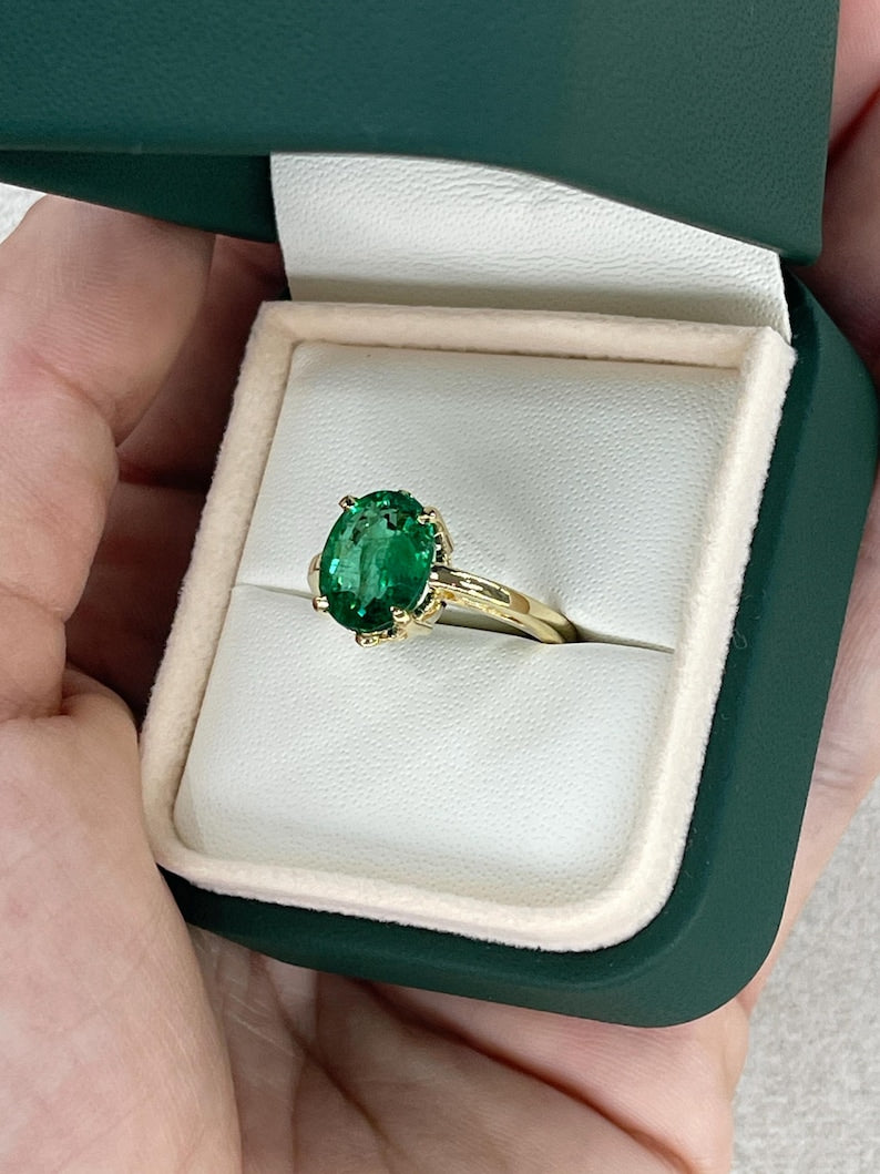 14K Gold Ring with 3.93ct Dark Green Oval Emerald and Elegant Scroll Patterns