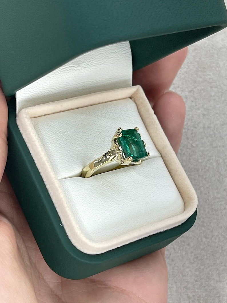 3.10ct 14K Organic Lush Green Gold Nugget Emerald Solitaire Ring