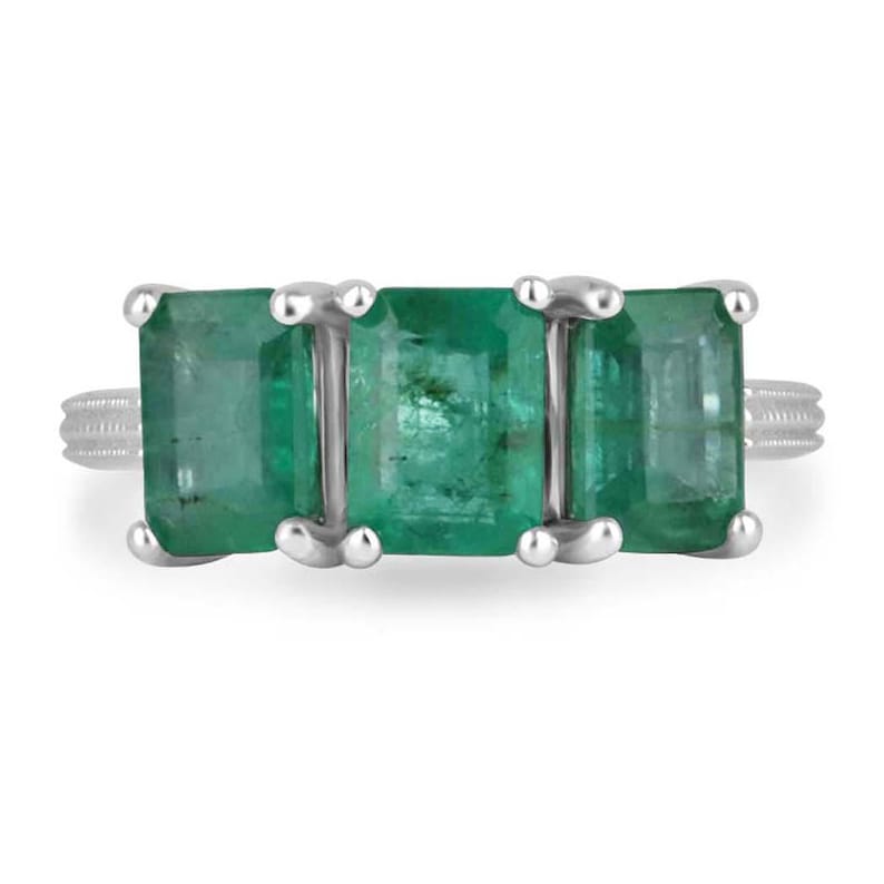 14K White Gold Emerald Trilogy Ring with 3.25tcw Dark Green Gemstones