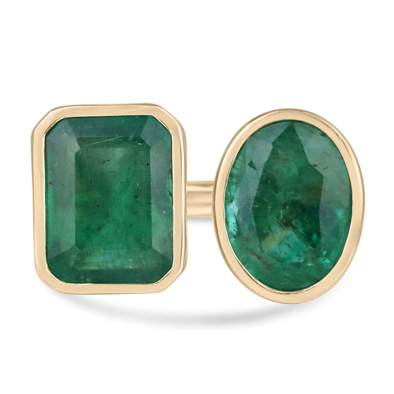 8.80tcw 18K Gold Toi Et Moi Emerald and Oval Bezel Two Stone Ring