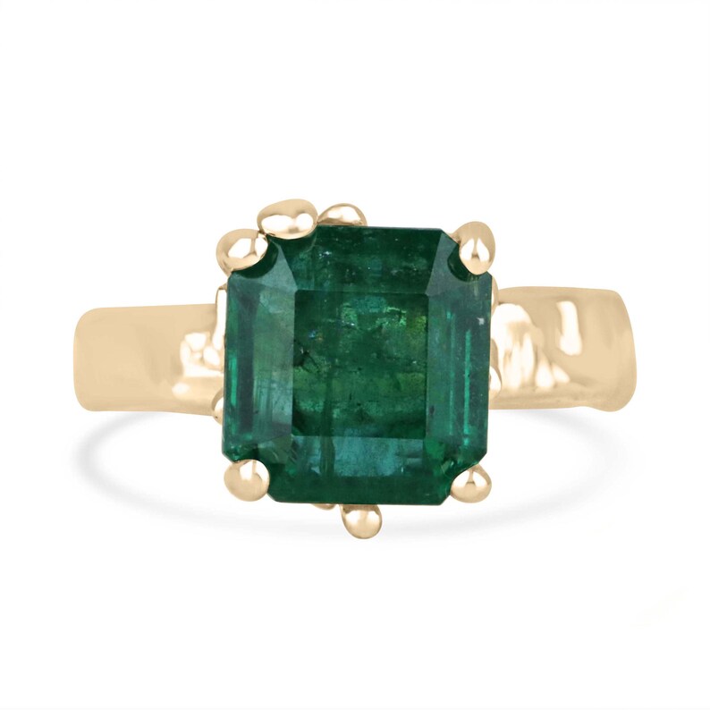 14K Gold Nugget Emerald Solitaire Ring - Dark Green Asscher Cut, 4.48 Carats