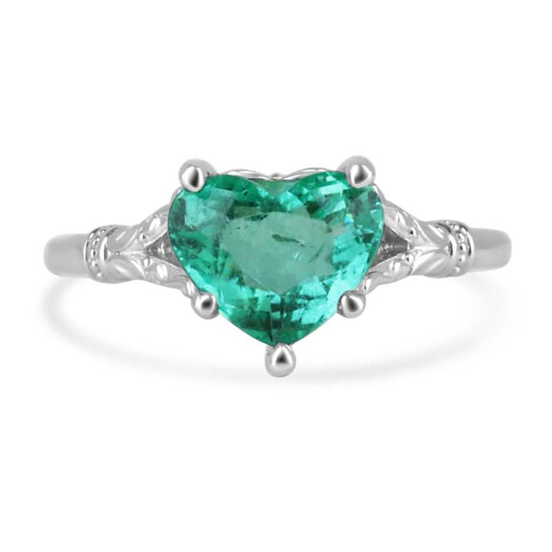 2.03ct Heart-Shaped Colombian Emerald Ring in Vivid Mint Green with Floral Setting