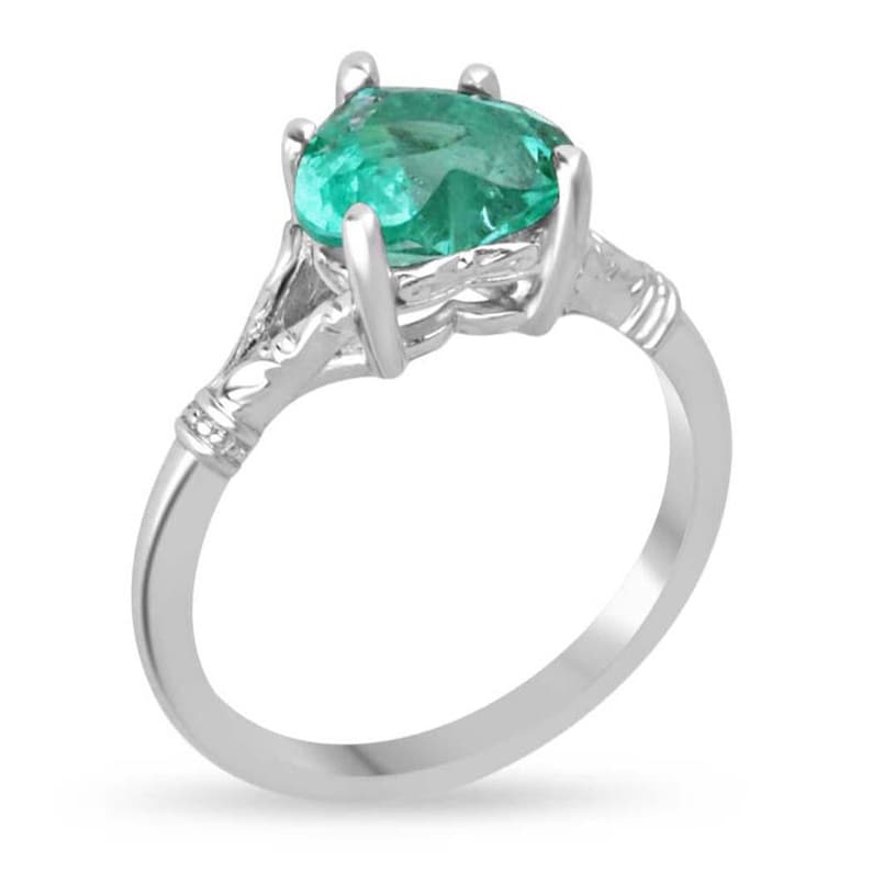 Elegant 2.03ct Heart Cut Colombian Emerald Ring with a Beautiful Mint Green Floral Design