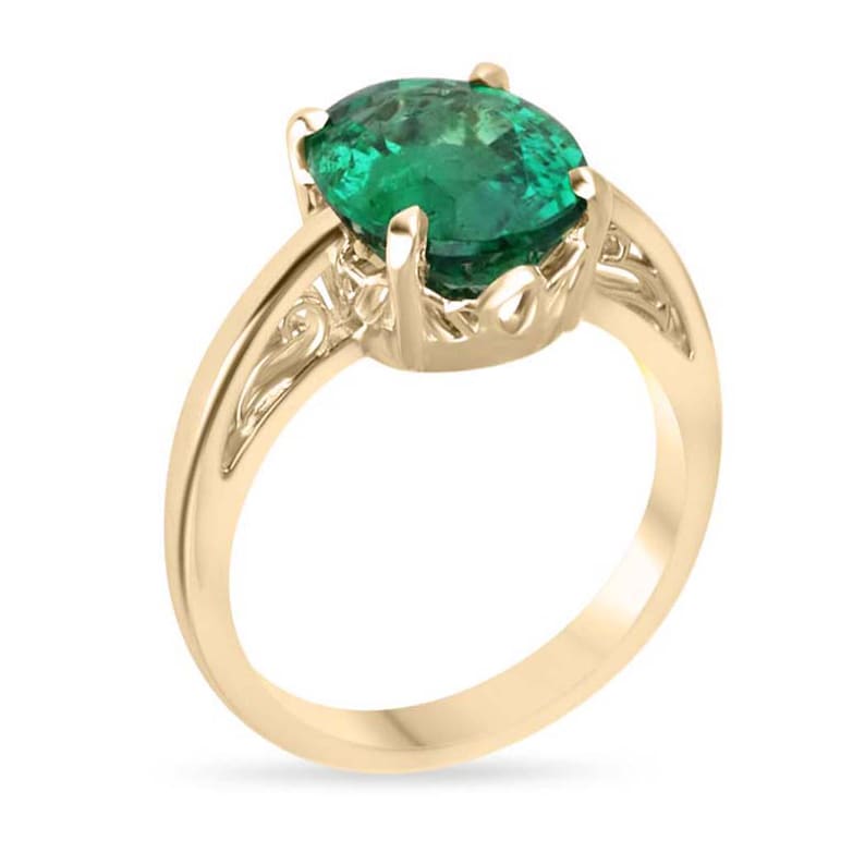 Stunning 3.93ct Dark Green Emerald Ring in 14K Gold, Embellished with Scrollwork