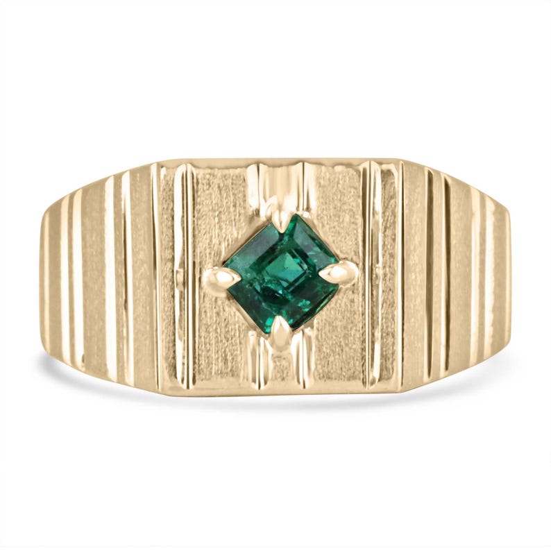 0.60ct 14K Emerald Cut Men's Pinky Ring with a Rich Green Solitaire Design