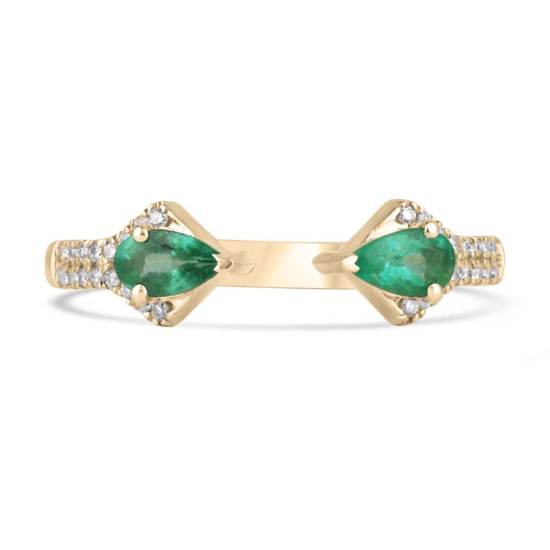 0.47tcw 14K Gold Stacking Ring with Pear-Shaped Green Emerald and Diamonds