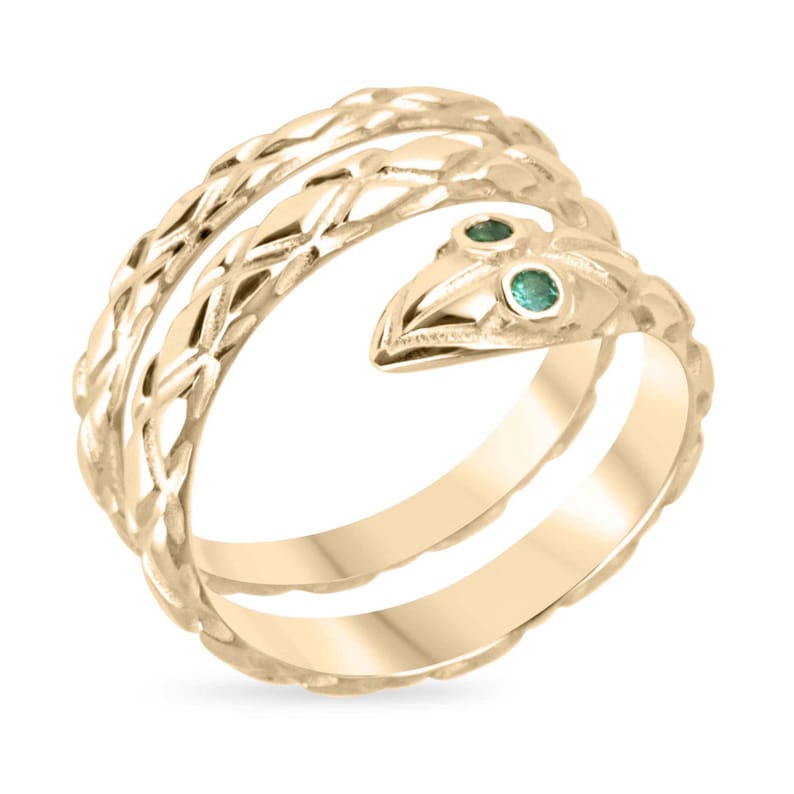 0.05tcw Emerald-Eyed Snake Ring in 14K Gold - Textured Wrap-Around Design