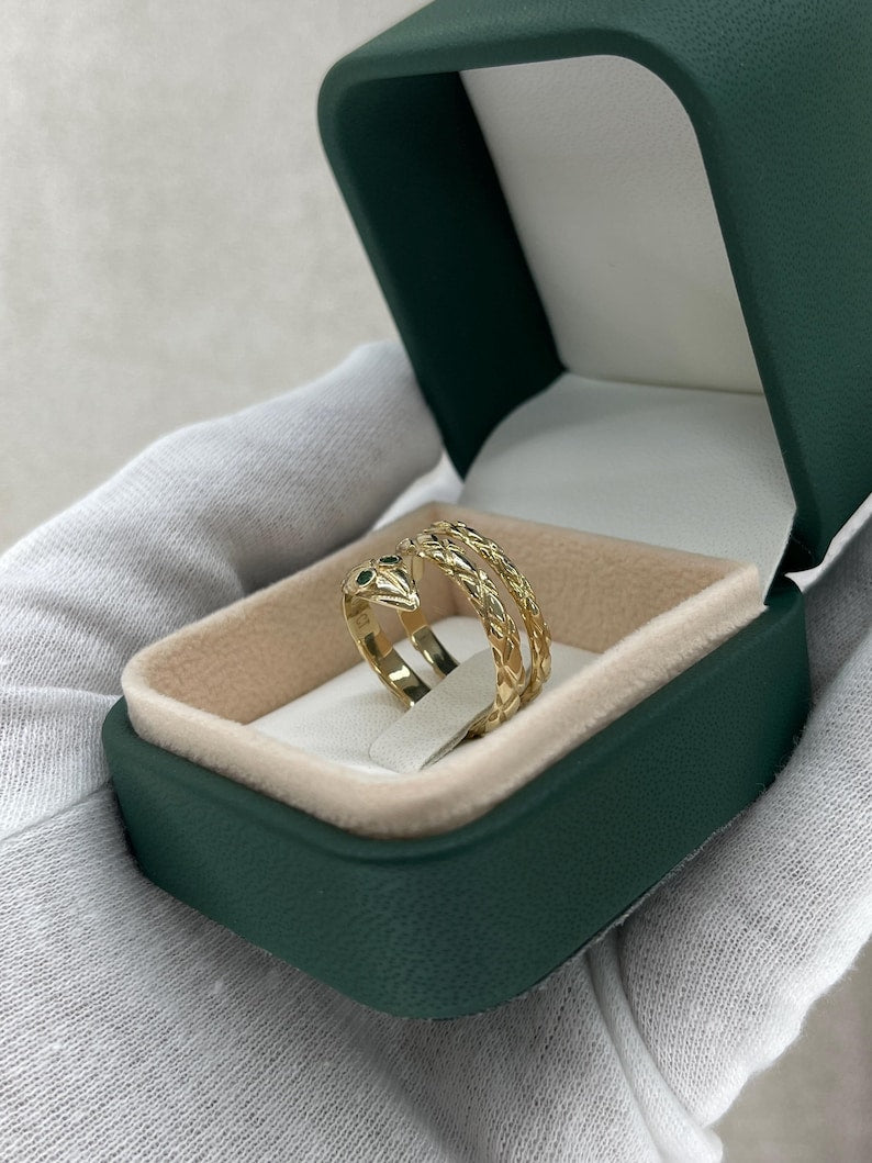 0.05tcw 14K Gold Emerald Eyed Snake Ring | Textured Serpent Wrap-Around