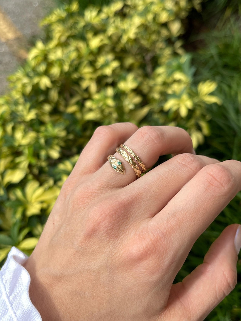 14K Gold Textured Serpent Ring with 0.05tcw Emerald Eyes - Unique Wrap-Around Style