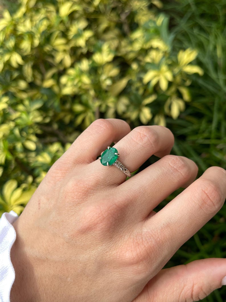 3.11ct 14K Dark Green Oval Emerald Solitaire Ring in White Gold