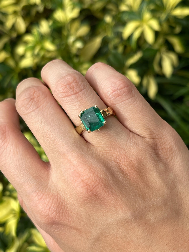 Elegant 4.48ct Asscher Cut Organic Emerald Ring - Dark Green in 14K Gold Nugget Setting