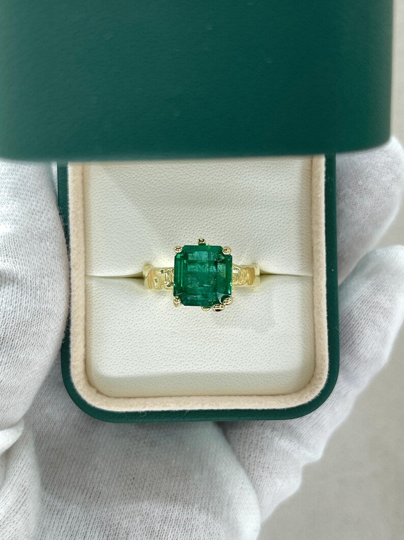 4.48ct 14K Dark Green Asscher Cut Emerald Gold Nugget Organic Solitaire Ring