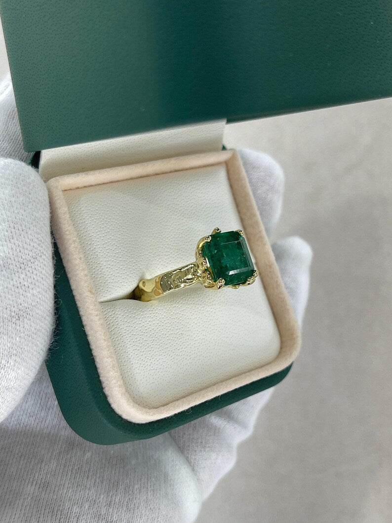 4.48ct 14K Dark Green Asscher Cut Emerald Gold Nugget Organic Solitaire Ring