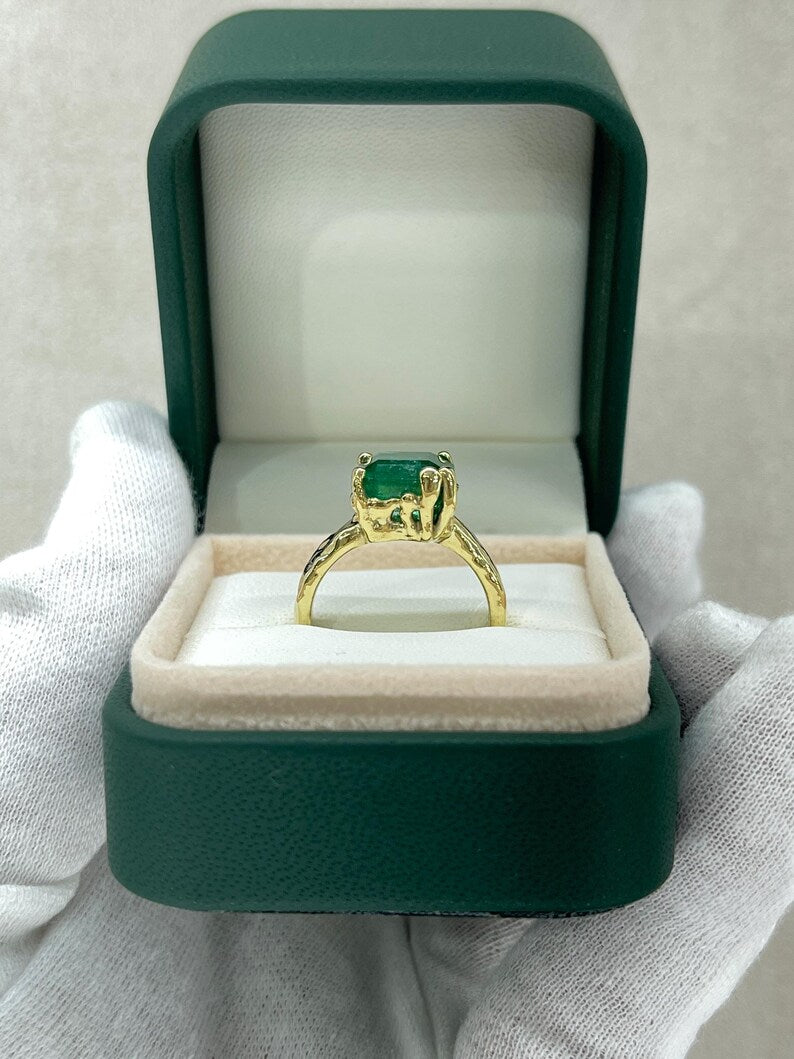 4.48ct 14K Dark Green Asscher Cut Emerald Gold Nugget Organic Solitaire Ring