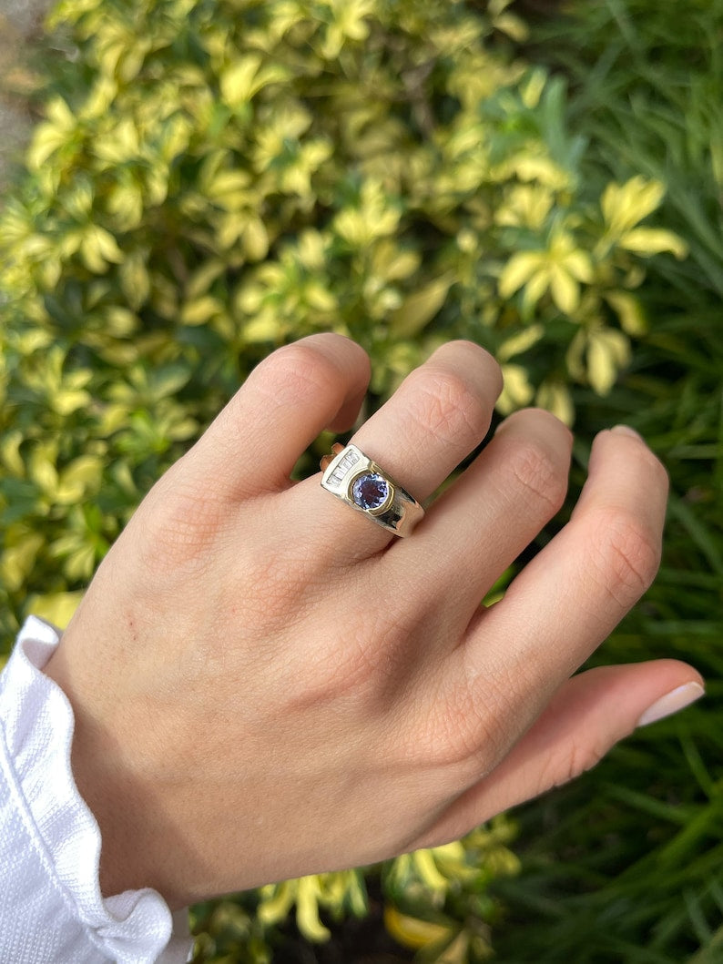 14K Two-Tone Gold Ring Featuring 1.12tcw Tanzanite & Diamond – Round Violet Gemstone
