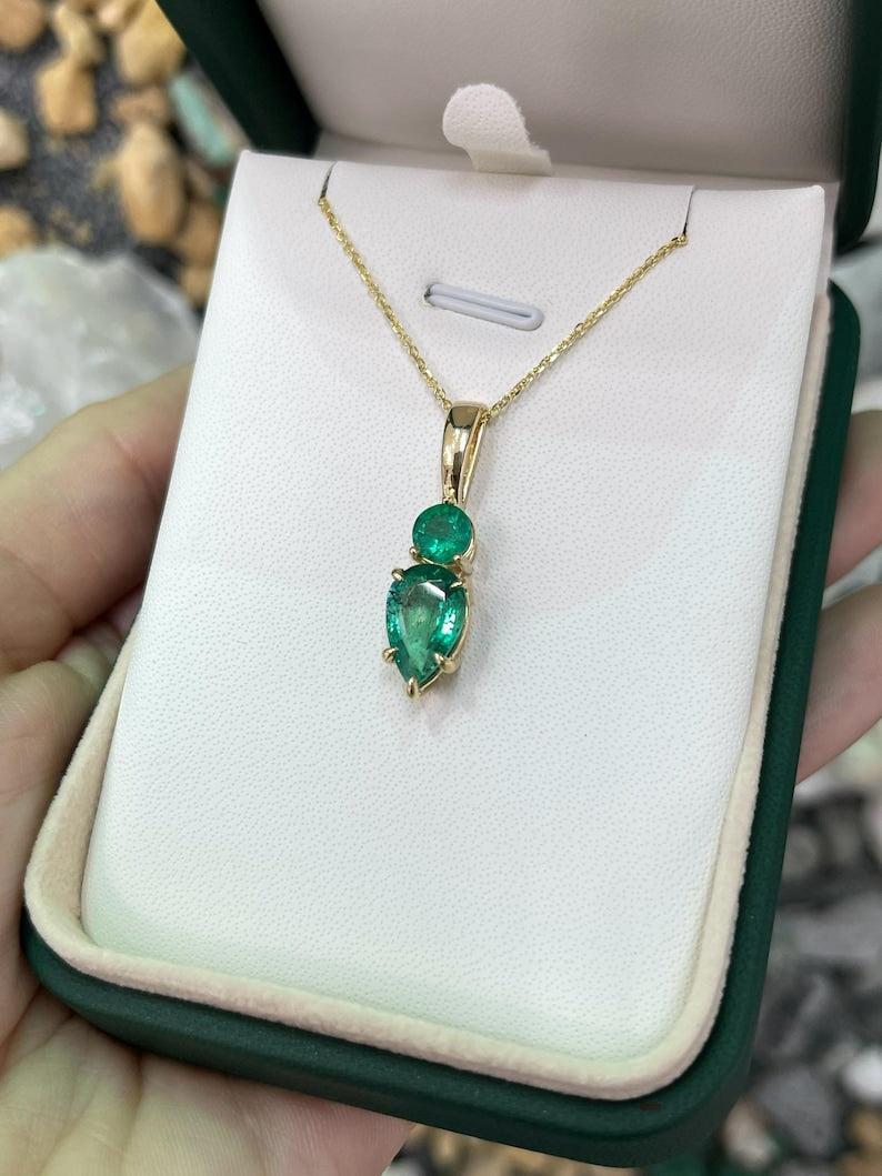 Luxurious Zambian Emerald Toi et Moi Pendant, 3.15 Carat, with 14K Gold Teardrop Necklace