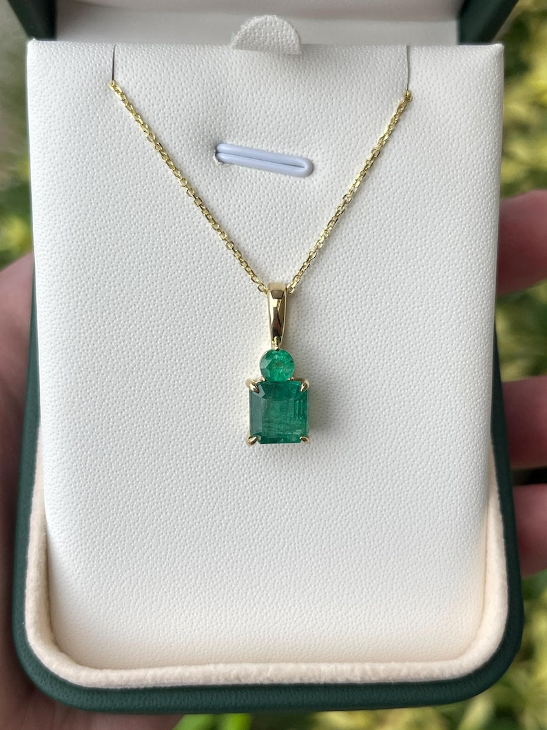 Elegant Zambian Emerald Toi et Moi Necklace in 14K Gold with Asscher & Round Cut Pendants