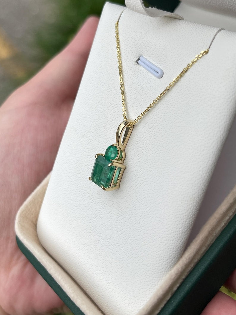 Stunning 14K Gold Toi et Moi Necklace with 4.46tcw Zambian Emerald and Dual Asscher/Round Pendants