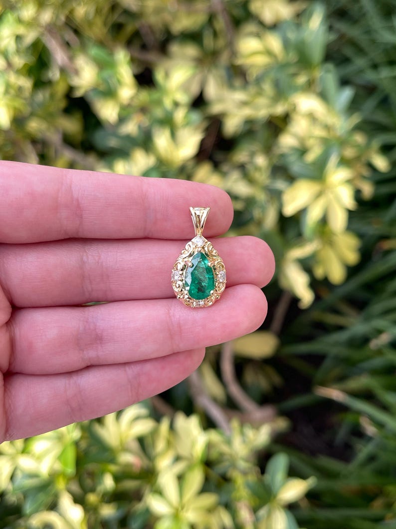 2.71tcw Teardrop Emerald & Diamond Accented Vintage Inspired Fairytale Pendant