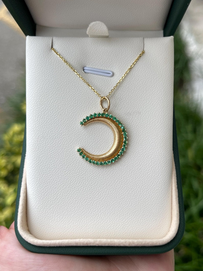 14K Gold and Emerald 0.52tcw Half Moon Charm Necklace with Round Cut Petite Detail