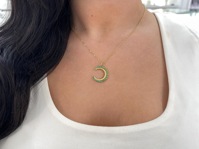 0.52tcw 14K Emerald & Ribbed Gold Crescent Moon Charm Pendant