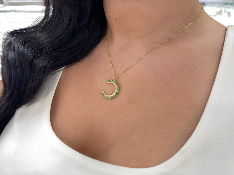 0.52tcw 14K Emerald & Ribbed Gold Crescent Moon Charm Pendant