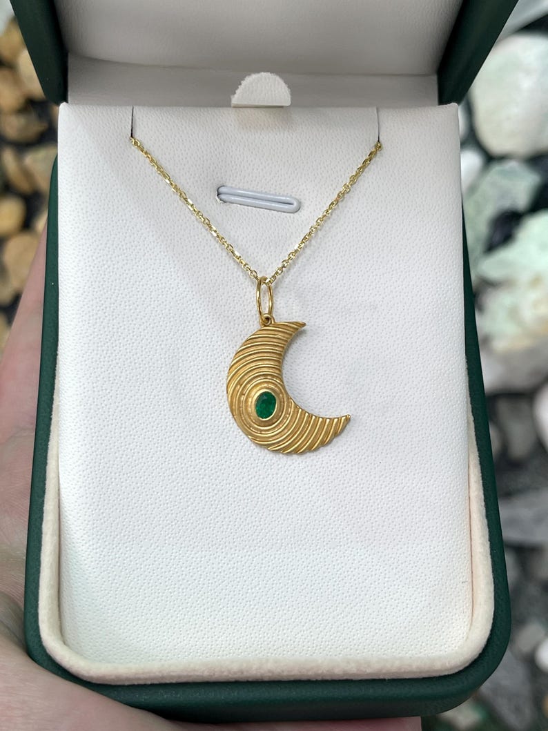 14K Emerald Moon Pendant, 0.20ct Oval Bezel Charm with Textured Gold Finish