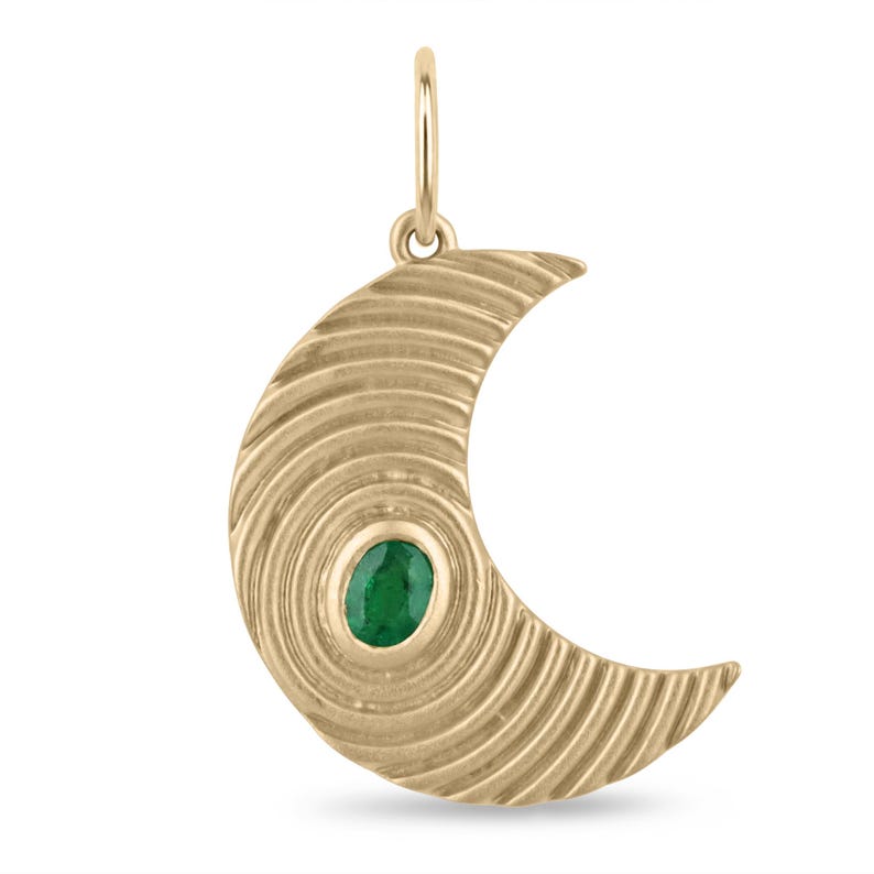 0.20ct 14K Gold Emerald Half Moon Pendant with Oval Bezel Moon Charm