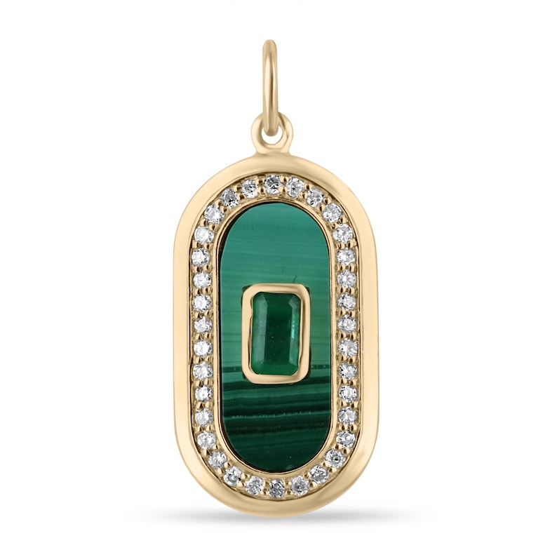 3.98tcw 14K Natural Emerald, Diamond, and Malachite Oval Pendant Necklace