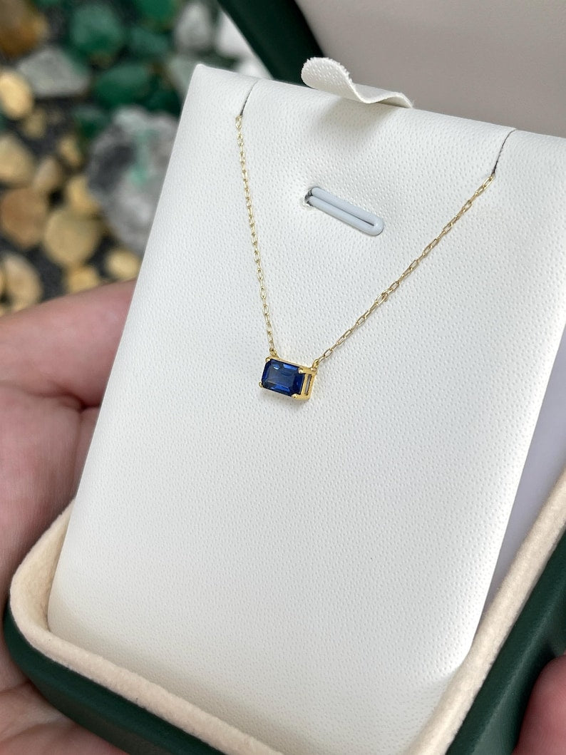 14K Gold Blue Sapphire Pendant Necklace, 0.65ct Emerald Cut Gemstone