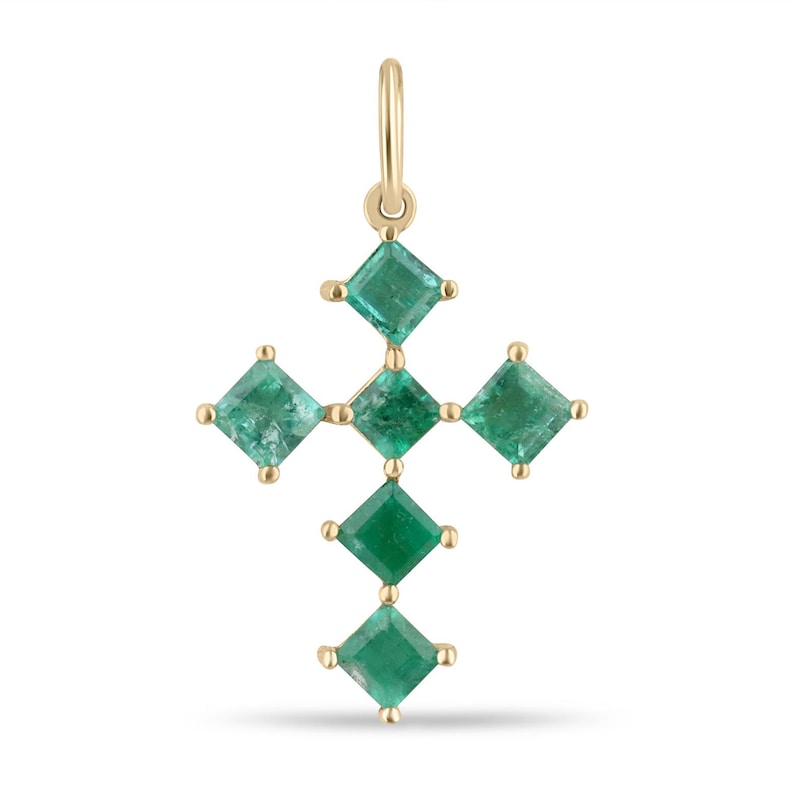 14K Gold Princess Cut Emerald Cross Pendant – Medium Green Natural Gemstone Design