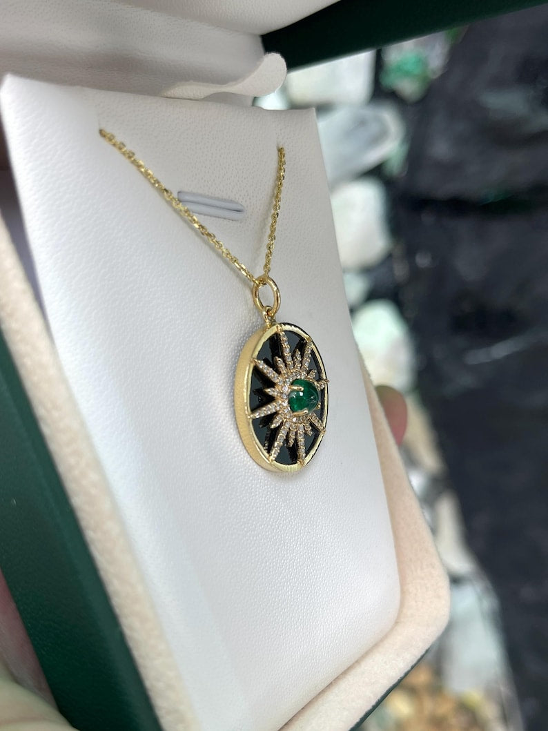 14K Gold Pendant Necklace with 0.38-Carat Emerald Cabochon, Black Onyx & Emerald Accents