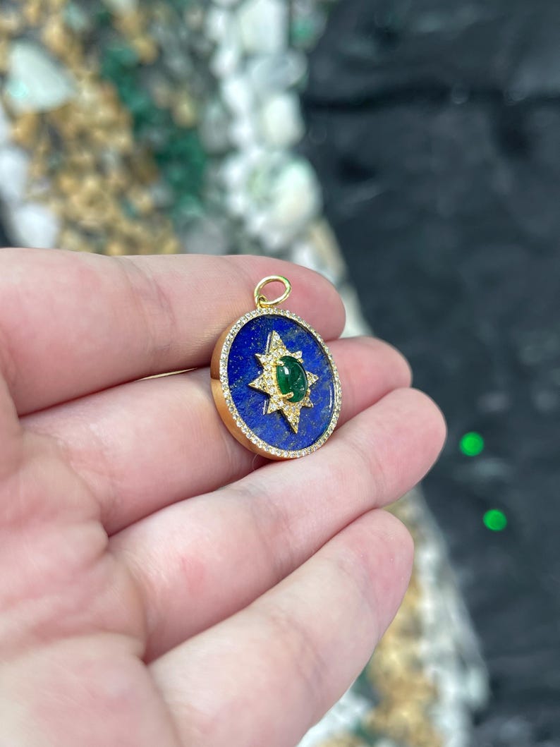 10.49tcw 14K Gold Natural Emerald, Lapis Lazuli, & Diamond Medallion Pendant