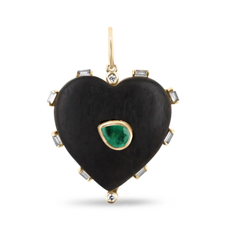 0.84tcw 14K Gold Stacking Pendant with Natural Pear Cut Emerald in Heart-Shaped Ebony Wood