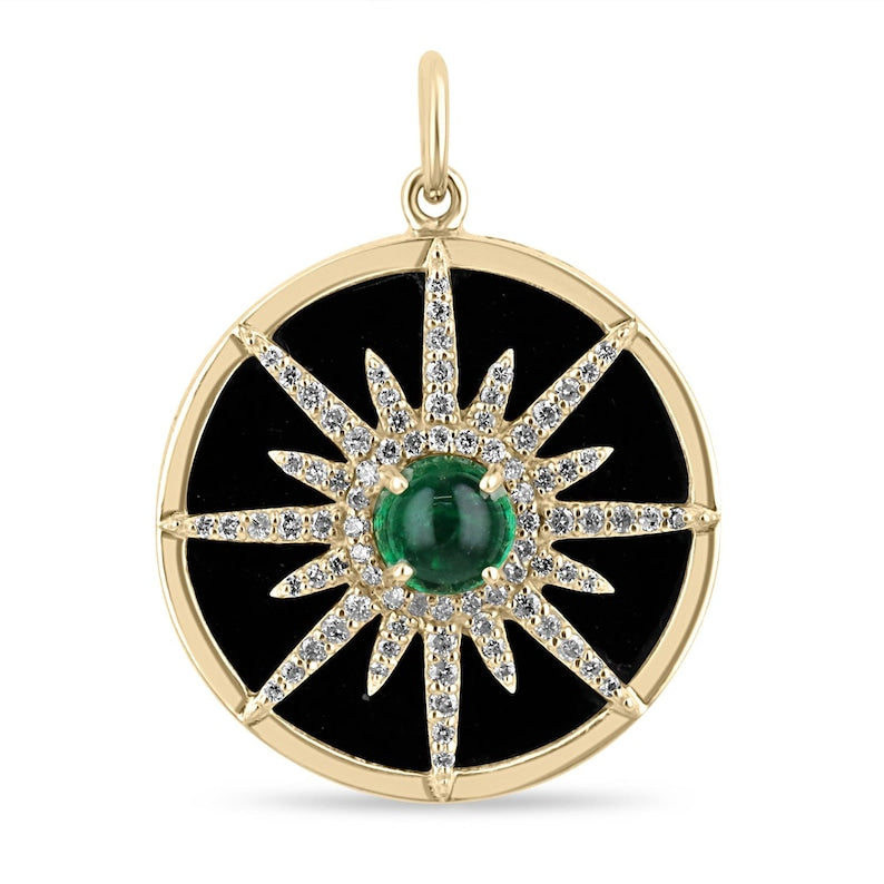 14K Gold Emerald Cabochon Diamond Pendant with 0.38 Carats, Black Onyx & Emerald Necklace