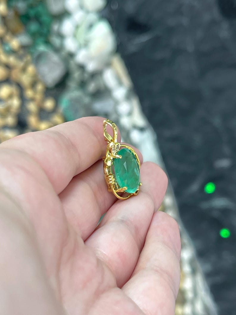 7.97tcw 14K Medium Green Oval Colombian Emerald & Diamond Accent Floral Pendant