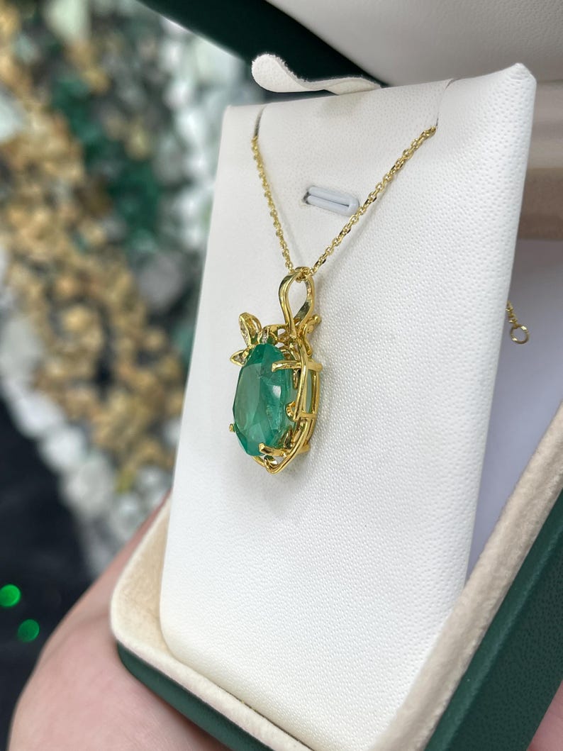 Luxurious Colombian Emerald Pendant with 7.97tcw Medium Green Gem and Diamond Details in 14K Gold