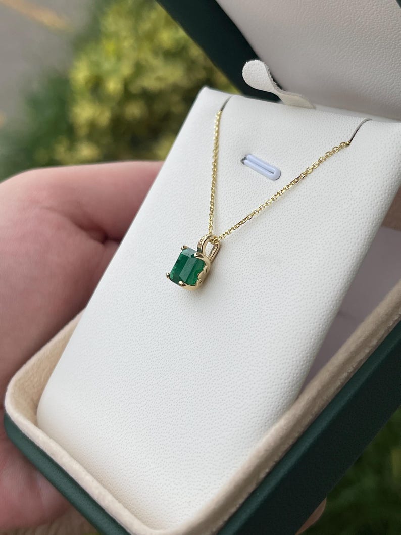 2.0ct 14K Deep Dark Green Emerald Cut Emerald Pendant Prong Set Necklace