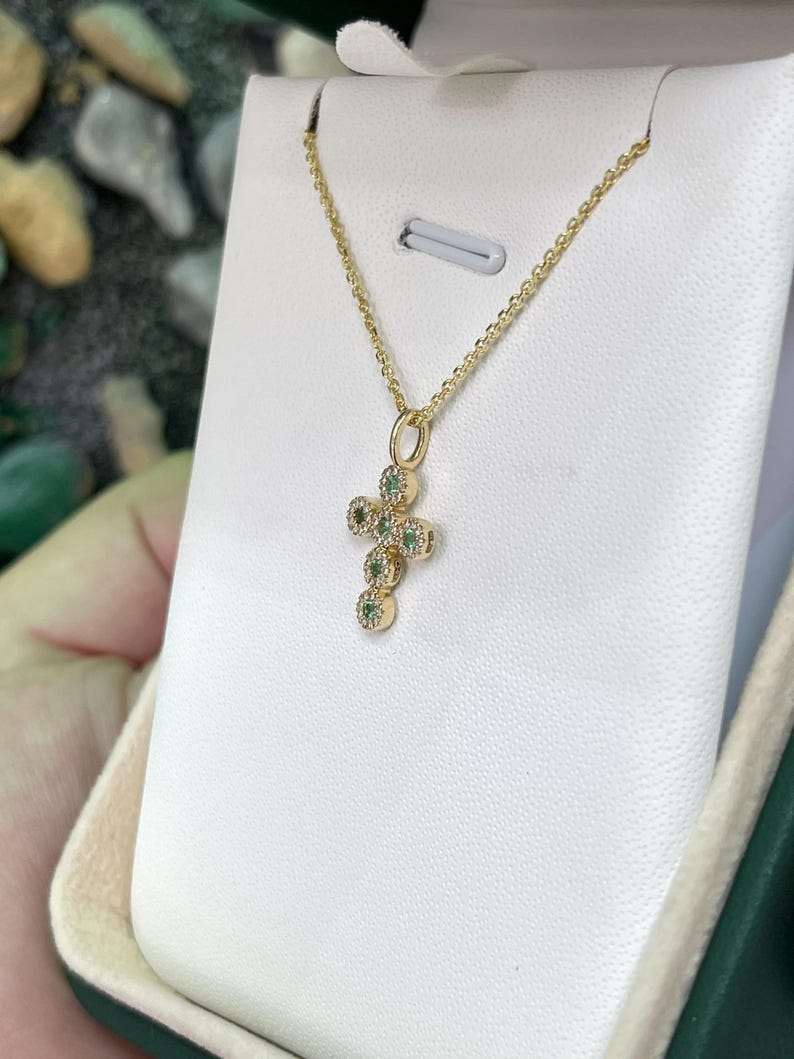 14K Gold Cross Pendant with Round Emerald and Diamond Halo, 0.18tcw