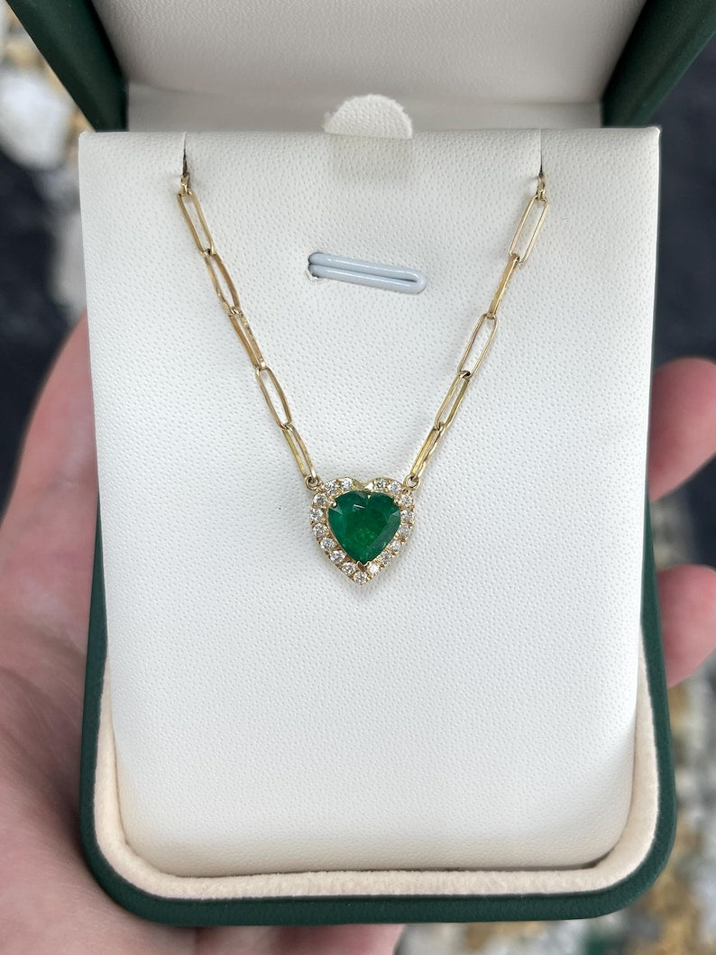 2.0tcw 14K Heart-Cut Dark Green Emerald with Diamond Halo Necklace Pendant