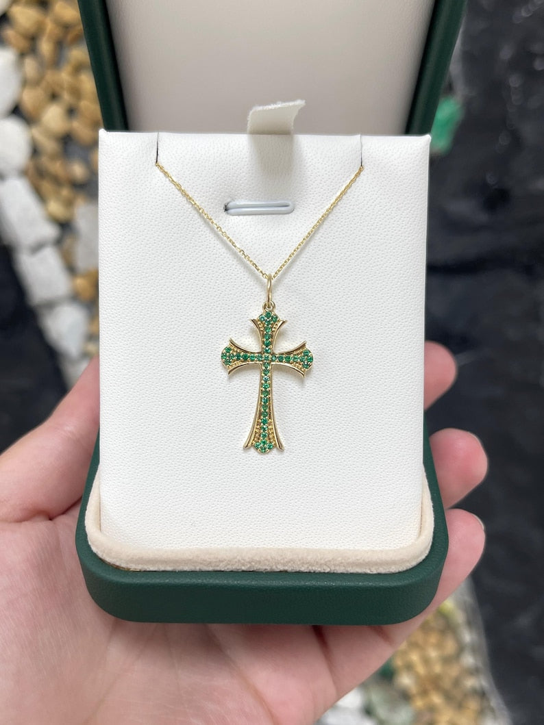 Mid-Century 14K Gold Crucifix with 0.60 Carat Round Emerald